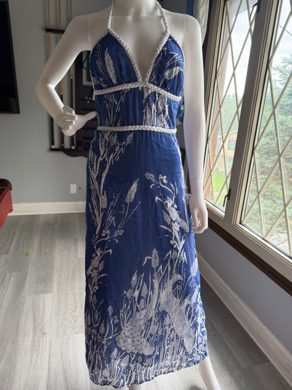 Blue Halter Maxi Dress with White Botanical Print CAJA # 1 E